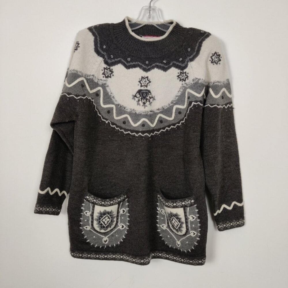 Vintage Rene Derhy Women's Mock Neck 3D Wool Sweater in Cream Brown Bohemian